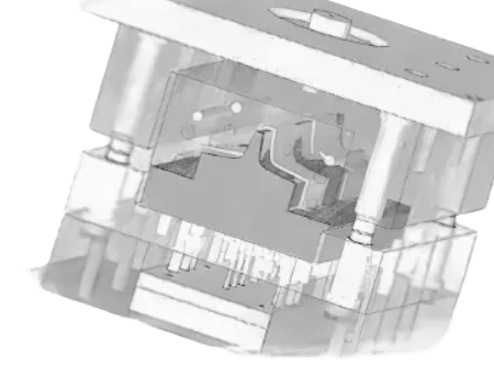 Model 3D formy wtryskowej w przekroju technicznym